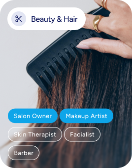 Beauty & Hair category interface showing audience segment tags including Salon Owner, Makeup Artist, Skin Therapist, Facialist, and Barber, with a close-up photo of a hand combing through long dark hair in the background